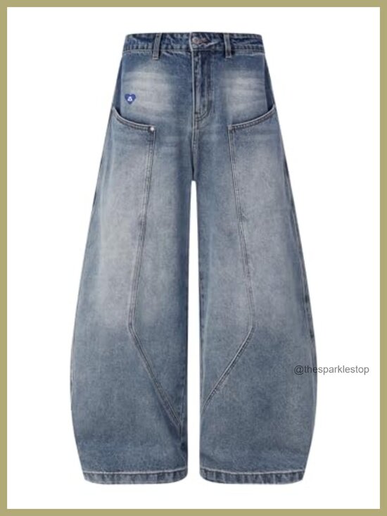 Denim - Baggy Barrel Jeans Wide Leg Cotton Blend Denim Loose Fit Streetwear